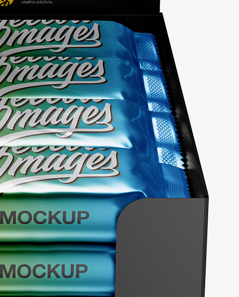 16 Snack Bars Metallic Display Box Mockup - Front View (High-Angle Shot)