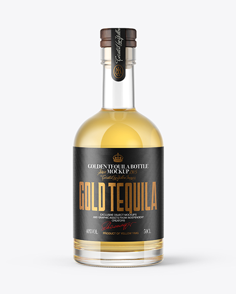 Golden Tequila Bottle with Wooden Cap Mockup