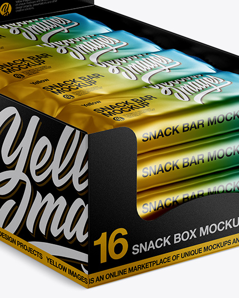 16 Snack Bars Metallic Display Box Mockup - Half Side View (High-Angle Shot)