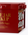 Clear Glass Sauce Jar in Paperboard Sleeve Mockup Clear Glass Sauce Jar in Paperboard Sleeve Mockup