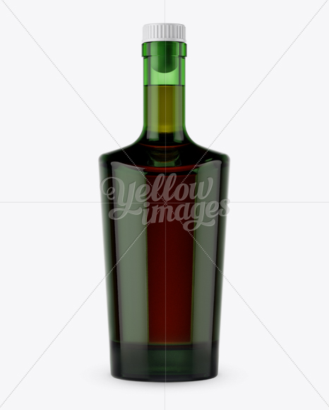 Green Glass Bottle W/ Whiskey Mockup - Front View