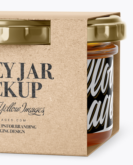 Clear Glass Honey Jar in Kraft Paperboard Sleeve Mockup