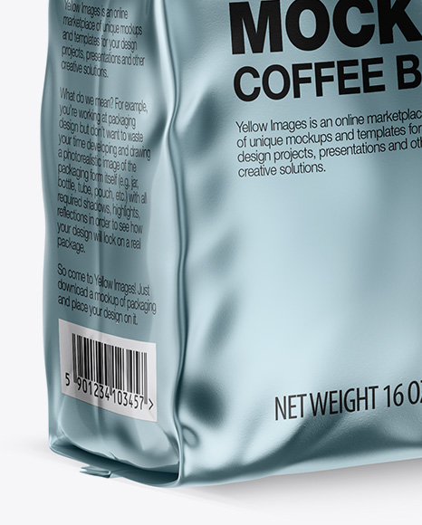 Glossy Metallic Coffee Bag with Valve Mockup - Half Side View