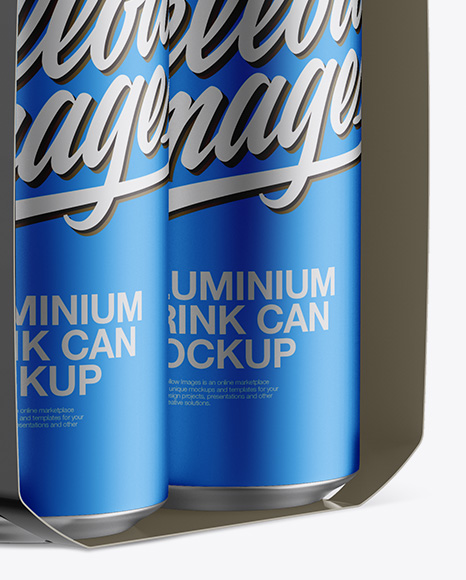 Carton Carrier W/ 4 Matte Metallic Cans Mockup - Half Side View