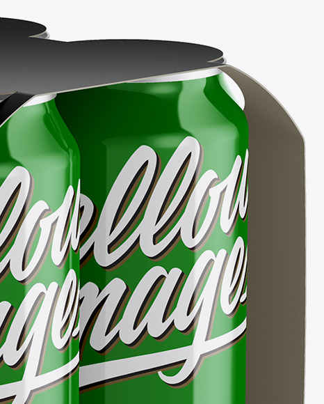 Carton Carrier W/ 4 Glossy Cans Mockup - Half Side View (High-Angle Shot)