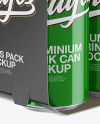 Carton Carrier W/ 4 Glossy Cans Mockup - Half Side View (High-Angle Shot)