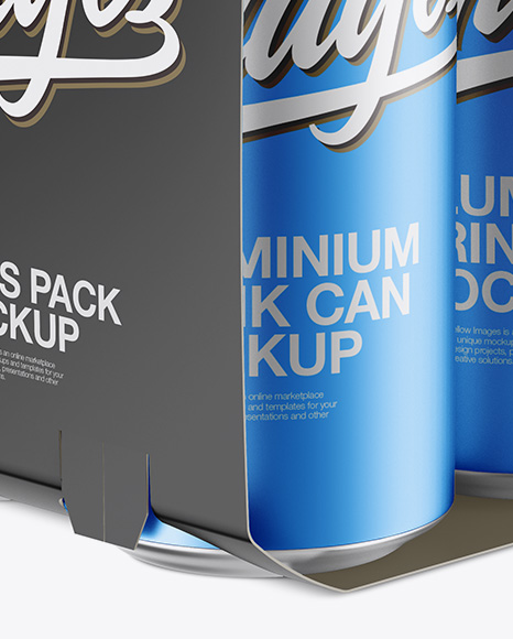 Carton Carrier W/ 4 Matte Metallic Cans Mockup - Half Side View (High-Angle Shot)