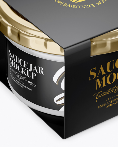 Clear Glass Sauce Jar in Paperboard Sleeve Mockup - Half Side View (High-Angle Shot)