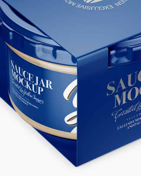 Clear Glass Cesar Sauce Jar in Paperboard Sleeve Mockup - Half Side View (High-Angle Shot)