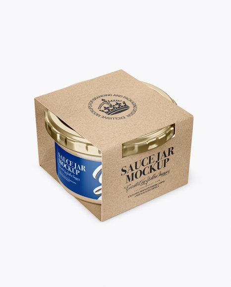 Clear Glass Cesar Sauce Jar in Kraft Paperboard Sleeve Mockup - Half Side View