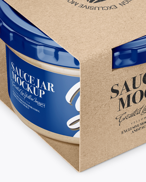 Clear Glass Cesar Sauce Jar in Kraft Paperboard Sleeve Mockup - Half