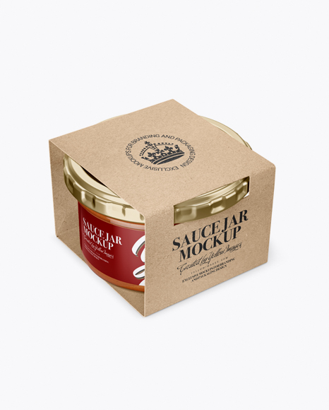 Clear Glass Sauce Jar in Kraft Paperboard Sleeve Mockup - Half Side View Clear Glass Sauce Jar in Kraft Paperboard Sleeve Mockup - Half Side View