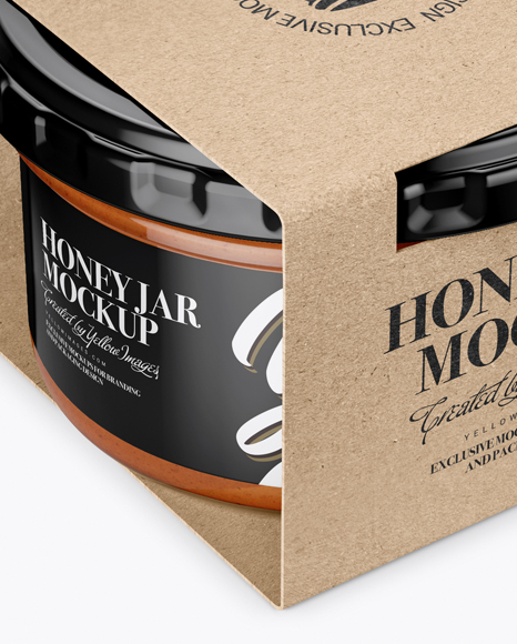 Clear Glass Honey Jar in Kraft Paperboard Sleeve Mockup - Half Side