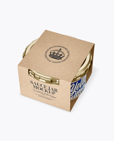 Clear Glass Cesar Sauce Jar in Kraft Paperboard Sleeve Mockup - Half Side View Clear Glass Cesar Sauce Jar in Kraft Paperboard Sleeve Mockup - Half Side View