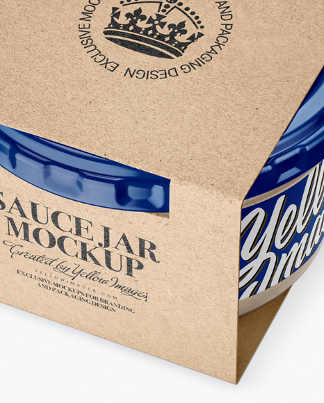 Clear Glass Cesar Sauce Jar in Kraft Paperboard Sleeve Mockup - Half Side View Clear Glass Cesar Sauce Jar in Kraft Paperboard Sleeve Mockup - Half Side View