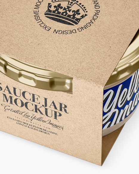 Clear Glass Cesar Sauce Jar in Kraft Paperboard Sleeve Mockup - Half Side View Clear Glass Cesar Sauce Jar in Kraft Paperboard Sleeve Mockup - Half Side View