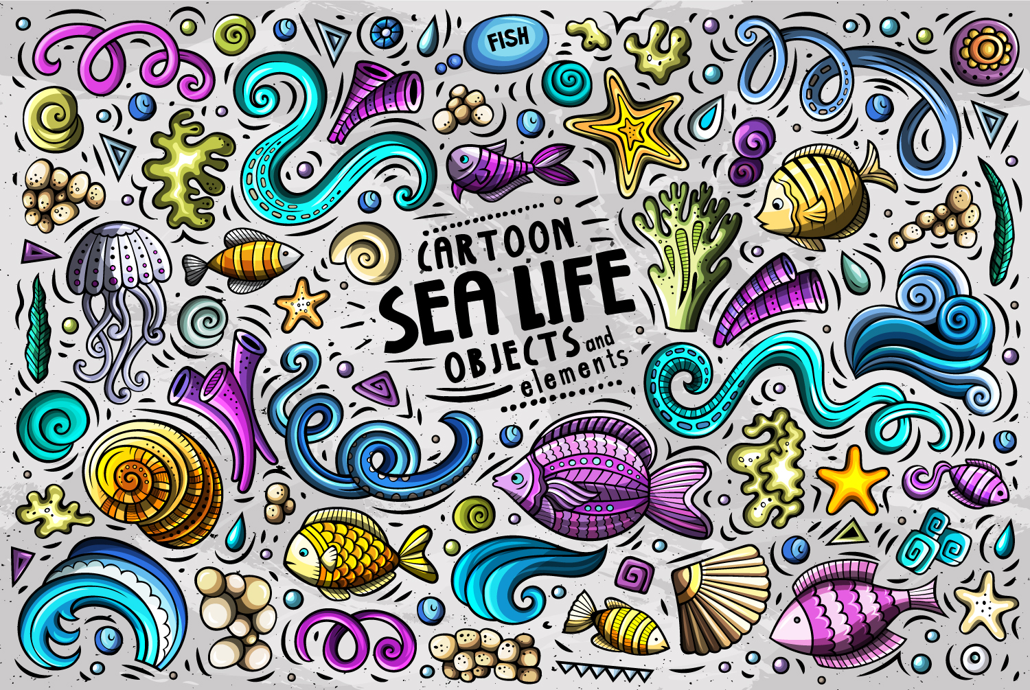 Sea Life Vector Cartoon Objects Set