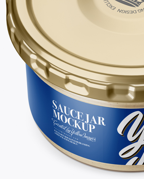 Clear Glass Cesar Sauce Jar Mockup (High-Angle Shot)