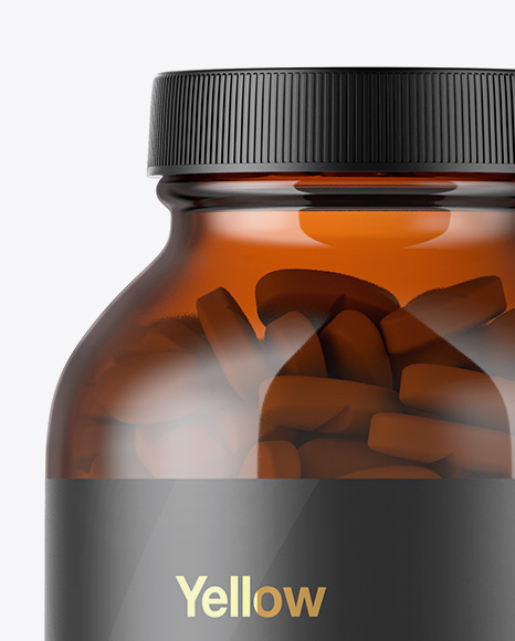 Amber Glass Bottle With Pills Mockup