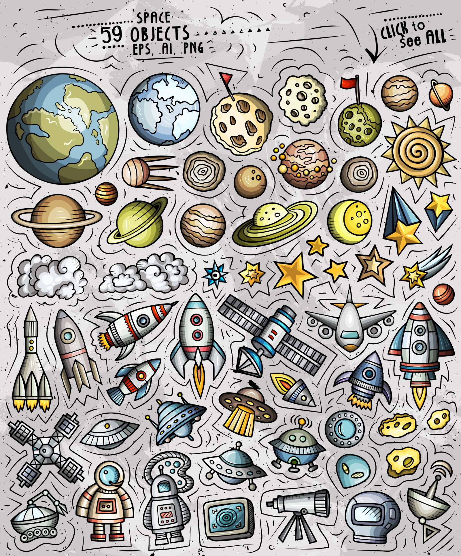 Space Cartoon Objects Set