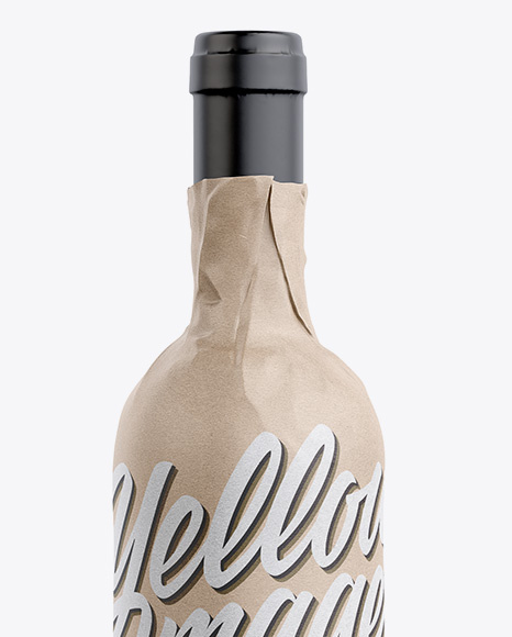 Wine Bottle in Kraft Paper Wrap W/ Label Mockup