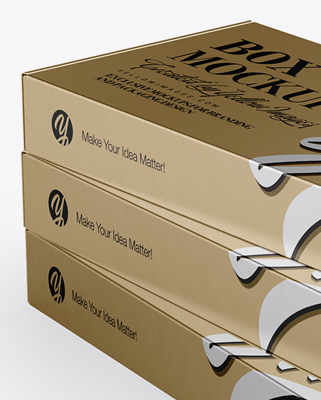 Metallic Three Boxes Mockup - Half Side View (High-Angle Shot)