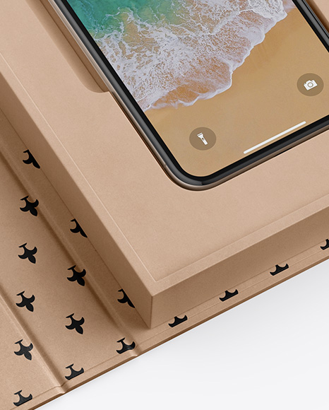 Kraft Gift Box With Apple iPhone X Mockup - Half Side View