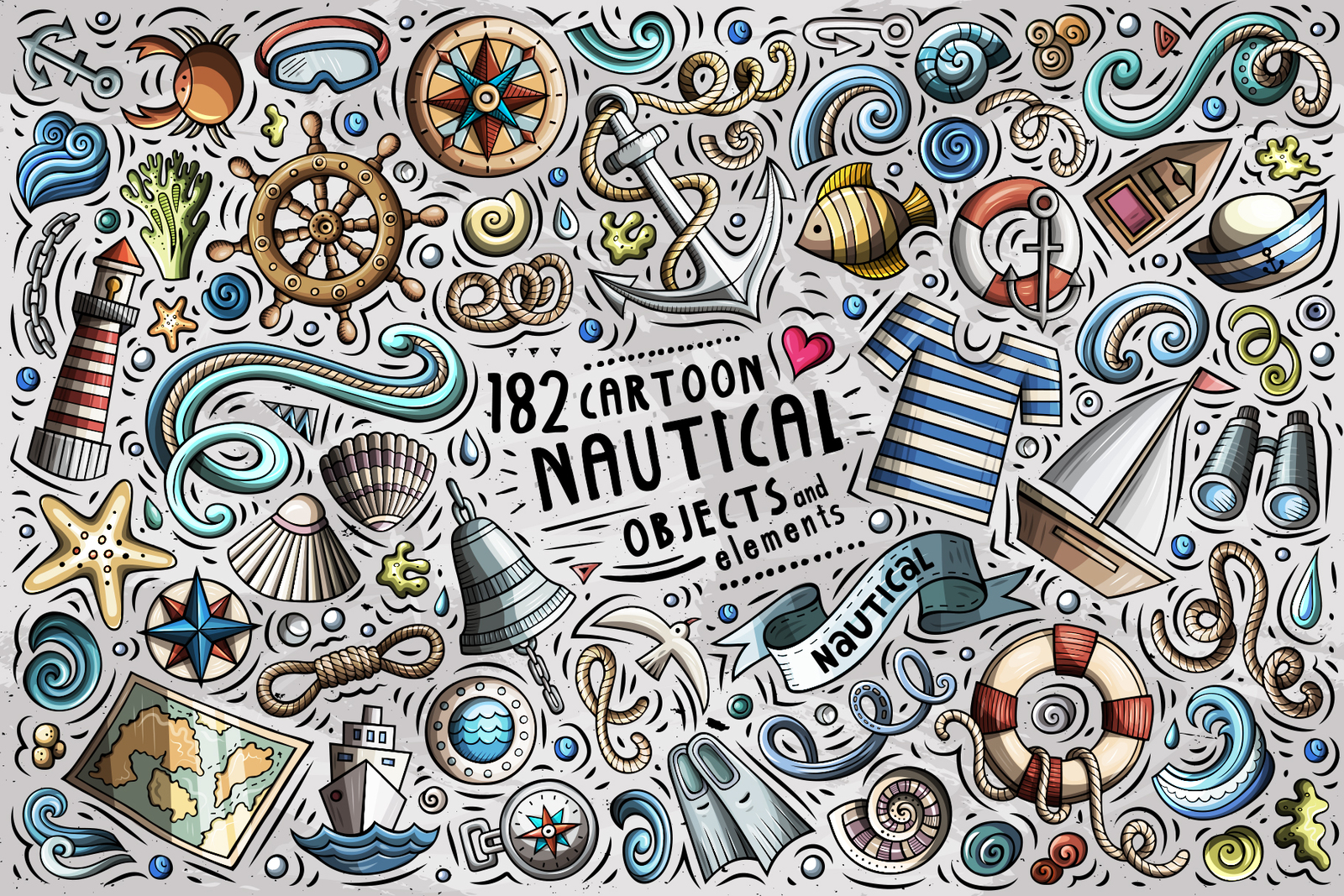 Nautical Cartoon Objects Set