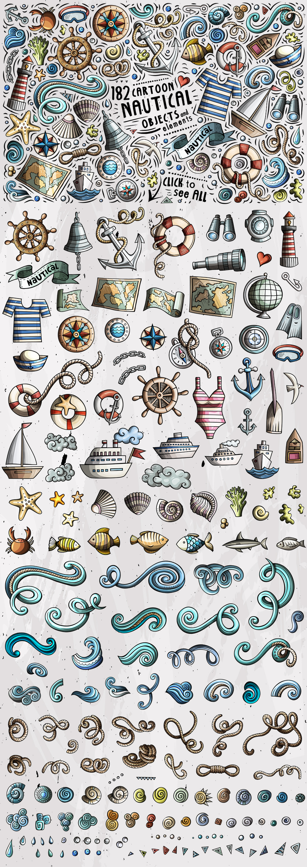 Nautical Cartoon Objects Set