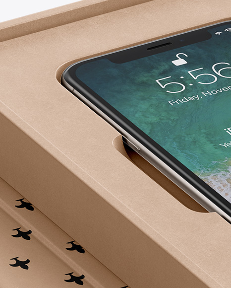 Kraft Gift Box With Apple iPhone X Mockup - Half Side View