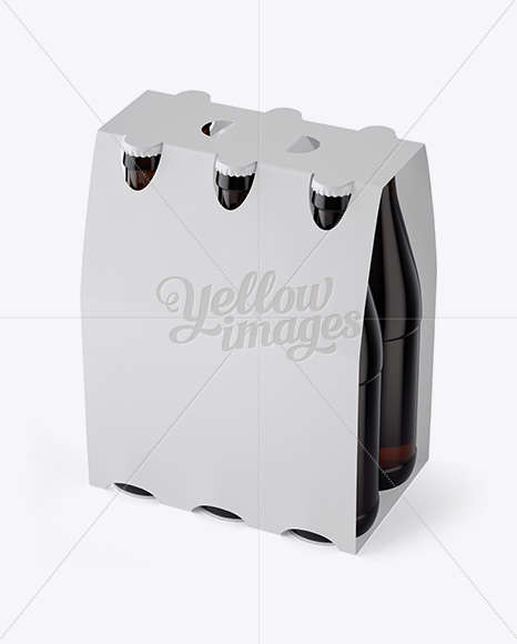 White Paper 6 Pack Amber Bottle Carrier Mockup - 3/4 View (High-Angle Shot)