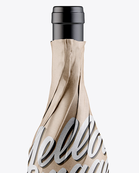 Wine Bottle in Kraft Paper Wrap w/ Label Mockup