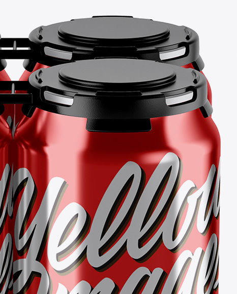 Pack with 4 Metallic Cans with Plastic Holder Mockup - Front View (High-Angle Shot)