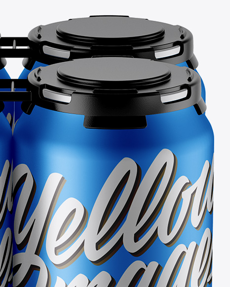 Pack with 4 Matte Metallic Cans with Plastic Holder Mockup - Front View (High-Angle Shot)