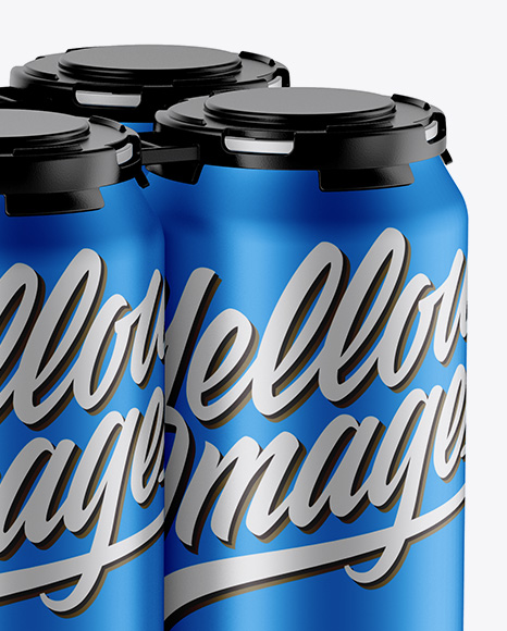 Pack with 4 Matte Metallic Cans with Plastic Holder Mockup - Half Side View (High-Angle Shot)