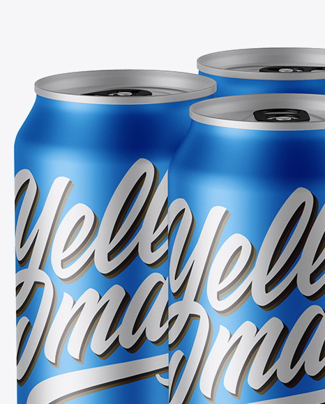 Pack with 4 Matte Metallic Cans with Plastic Holder Mockup - Half Side View (High-Angle Shot)