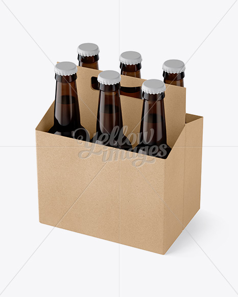 Kraft Paper 6 Pack Amber Bottle Carrier Mockup - 3/4 View (High-Angle Shot)