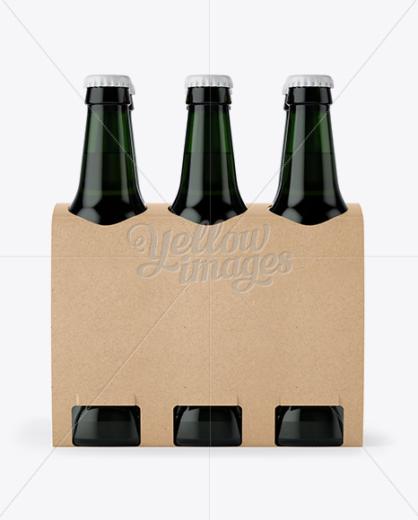 Kraft Paper 6 Pack Green Glass Bottle Carrier Mockup - Front View