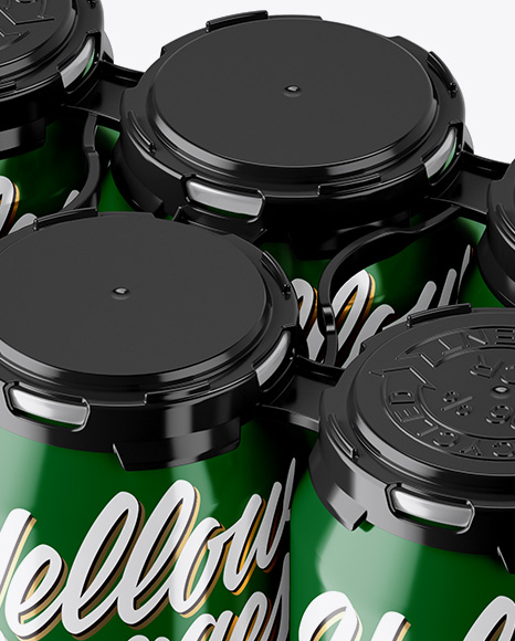 Pack with 6 Glossy Aluminium Cans with Plastic Holder Mockup