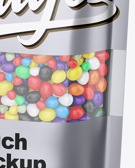 Metallic Stand-Up Pouch With Candies Mockup - Half Side View