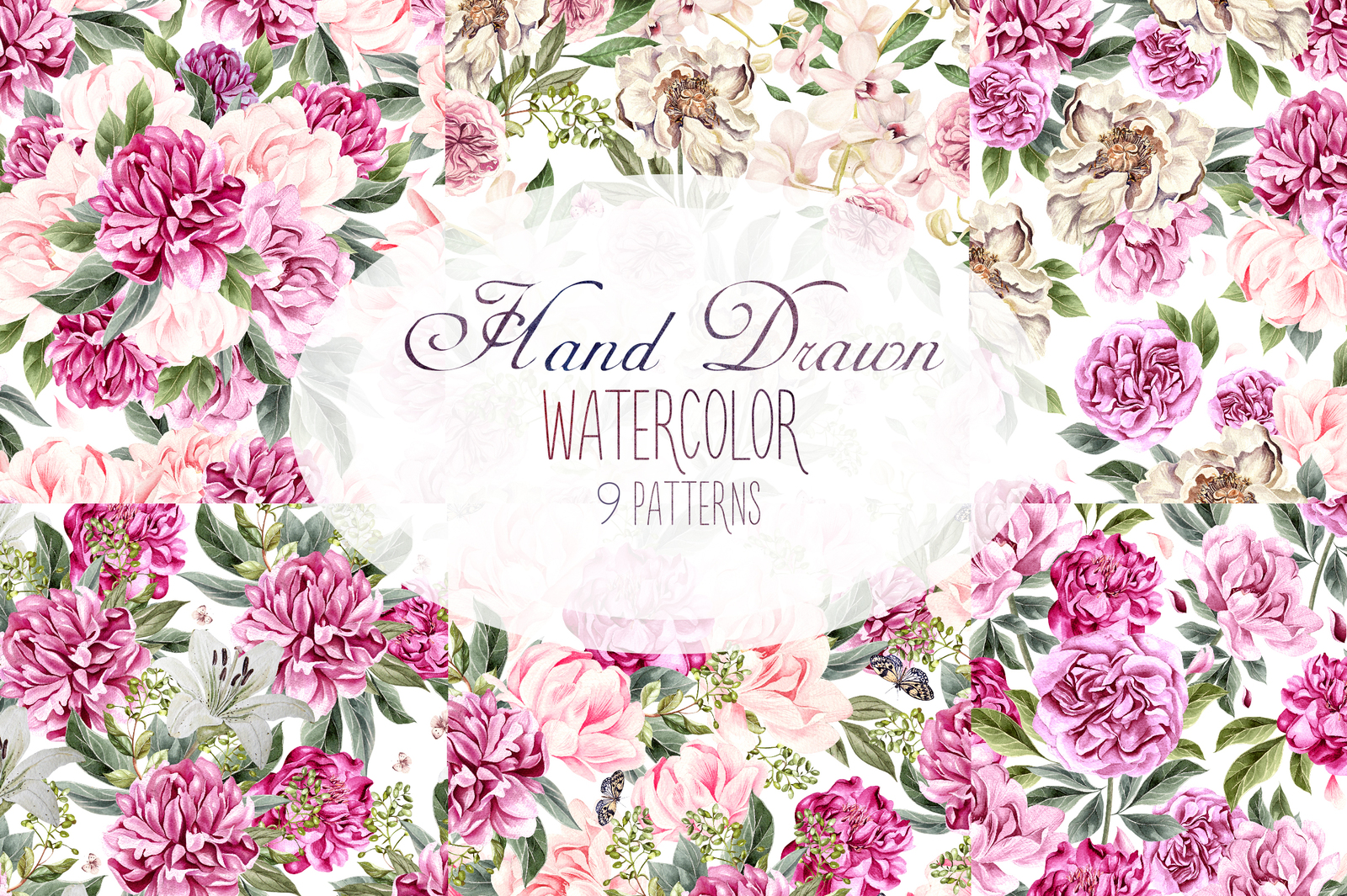 Hand Drawn Watercolor 9 Peony BloomingPattern