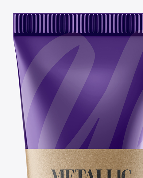 Glossy Metallic Tube With Paper Label Mockup - Front View