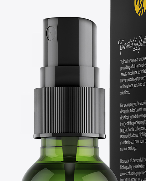 Green Spray Bottle W/ Glossy Paper Box Mockup