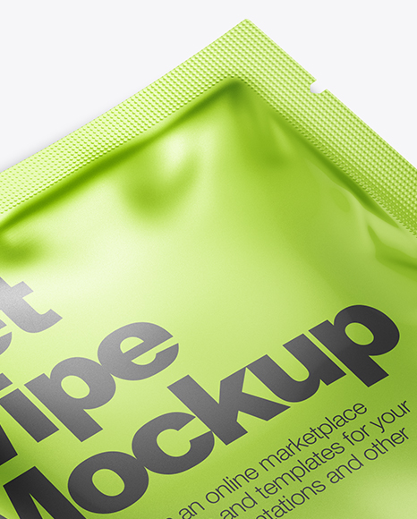 Metallic Wet Wipe Pack Mockup - Half Side View (High Angle Shot)