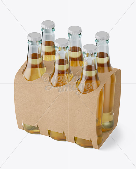 Kraft Paper 6 Pack Beer Bottle Carrier Mockup - Halfside View (High-Angle Shot)