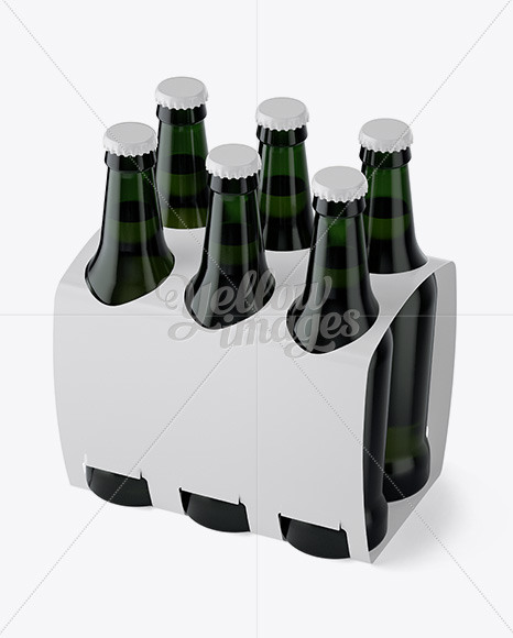 White Paper 6 Pack Green Bottle Carrier Mockup - Halfside View (High Angle Shot)