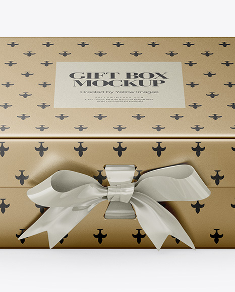 Metallic Gift Box With Bow Mockup - Front View (High-Angle Shot)