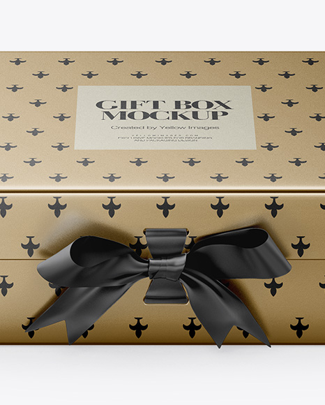 Metallic Gift Box With Bow Mockup - Front View (High-Angle Shot)