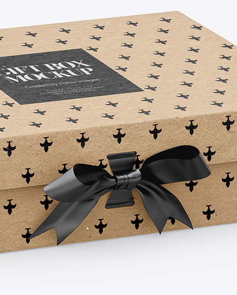 Kraft Gift Box With Bow Mockup - Half Side View (High-Angle Shot)