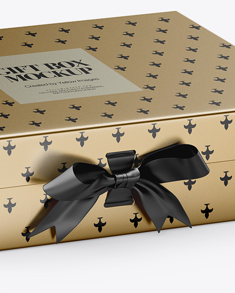 Metallic Gift Box With Bow Mockup - Half Side View (High-Angle Shot)